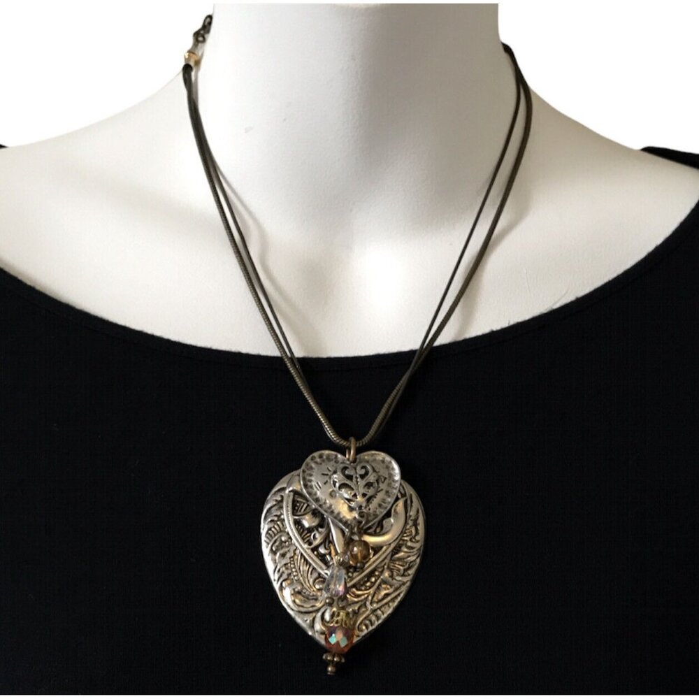 Treska 4 Heart Statement Boho Necklace Large Silver & Copper Tone Texas USA